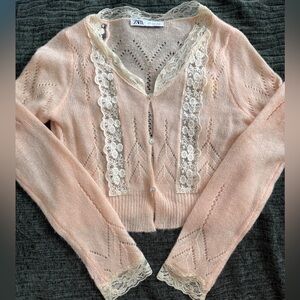 Zara Pink Lace-Trim Knit crop Cardigan Sweater sheer NWOT
